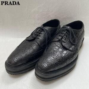 Men 7.0US Prada Croco Embossed Leather Shoes Black 6