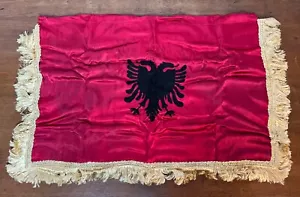 Albanian Flag Silk Hand Crafted Embroidered with Fringe Two Headed Eagle 17X28 - Picture 1 of 7
