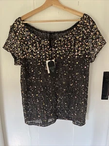 GUESS Size M Sheer Grey Gold Metallic Sequin Top BNWT RRP£105 - Picture 1 of 9