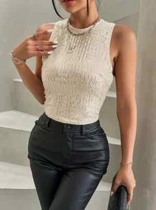 NEW IN PKG Sequin Short tank Sparkly Shirt Top Round Neck Blouse small 4-6 - Picture 1 of 3