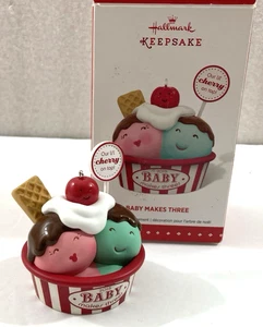 Hallmark BABY MAKES THREE Christmas Ornament 2015 w/Box ICE CREAM SUNDAE Cherry - Picture 1 of 5