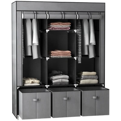 Portable Fabric Wardrobe with 5 Shelves and 3 Fabric Drawers Grey HOMCOM - Image 1 of 4