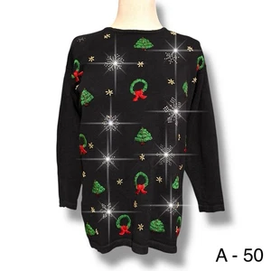 Blair Boutique Vtg Ugly Christmas Sweater Wreaths Trees Black Tunic Sz L - Picture 1 of 8
