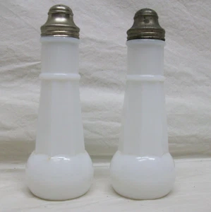 Pair of Vintage Milk Glass Salt and Pepper Shakers, 6-1/4" Tall, Silver Tops - Picture 1 of 4