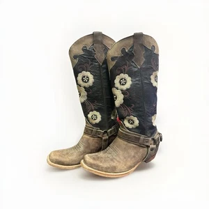 Cowgirl Blumen Leder hohe halbhohe Stiefel Größe 25 Mex 8 USA hergestellt in Mexiko - Bild 1 von 12