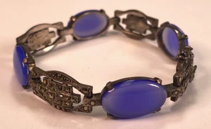 Vintage 925 Sterling Silver Marcasite & Chalcedony Bracelet - Picture 1 of 9