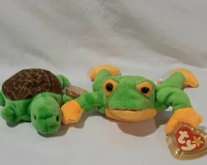 2-TY Beanie Baby Speedy the Turtle PVC Pellets 1993/Smoochy Frog 1997 pe Pellets - Bild 1 von 3