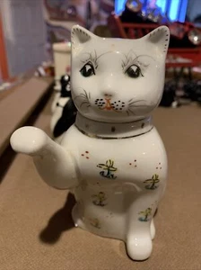 Vintage Chinese Oriental Ceramic White W/flowers & Gold Kitty Cat Teapot/Creamer - Picture 1 of 9