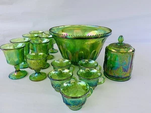 VINTAGE IRIDESCENT GREEN CARNIVAL INDIANA GLASS PUNCH BOWL Cups Goblets + More - Picture 1 of 5