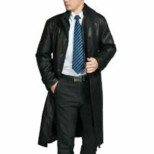 New Men's Lambskin Genuine Real Leather Long Coat Classic Button Over Coat 
