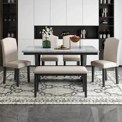 6-Piece Dining Table Set With Faux Marbled Tabletop And 4 Cushioned Chairs Bench - Image 1 of 4