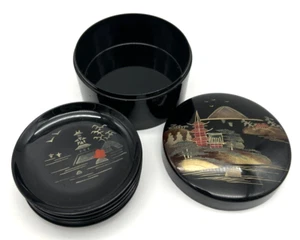 Juego de 6 posavasos vintage de laca en caja negro dorado rojo 3,5" diámetro Japón - Imagen 1 de 5