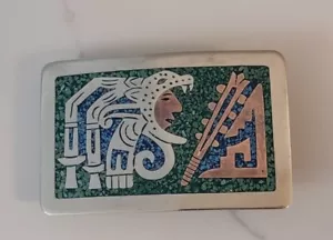 Fibbia Cintura Argento Messicano Colorata Nativi Americani Maya Hopi - Foto 1 di 10