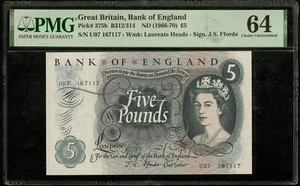 Banknote GREAT BRITAIN - Bank of England, 5 Pounds (1966-1970) Pick 375b PMG 64 - Picture 1 of 3