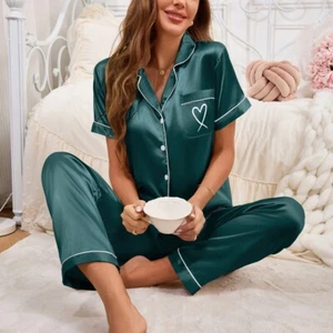 Women's Silk Satin Pajamas Set Short Sleeve Button-Down Sleepwear Loungewear New - Picture 1 of 27