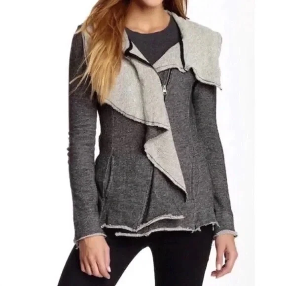 Blanc Noir Moto Zip Ruffle Front Sweater Jacket Cotton Raw Trim Gray Women M - Image 1 of 4