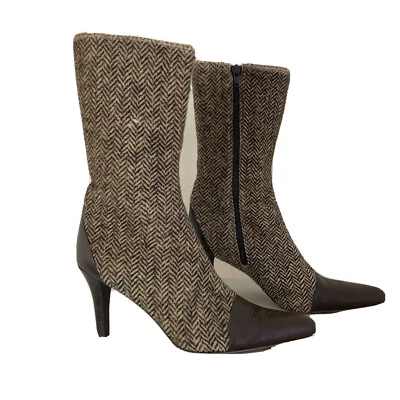 Botas Brooks Brothers Marrón Cuero y Tweed Tacón Espiga Italia Mujer Talla 7 Foto 1 de 4