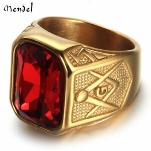MENDEL Mens Gold Freemason Ruby Stone Masonic Ring Men Size 7 8 9 10 11 12 13 14
