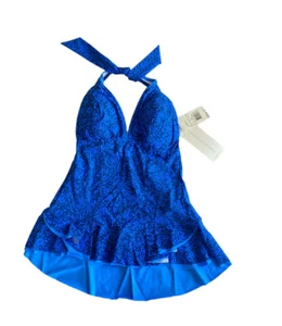 Profile Gottex Blue Floral Molded Cup V Neck Peplum Halter Tankini Swim Top Sz 8 - Picture 1 of 6