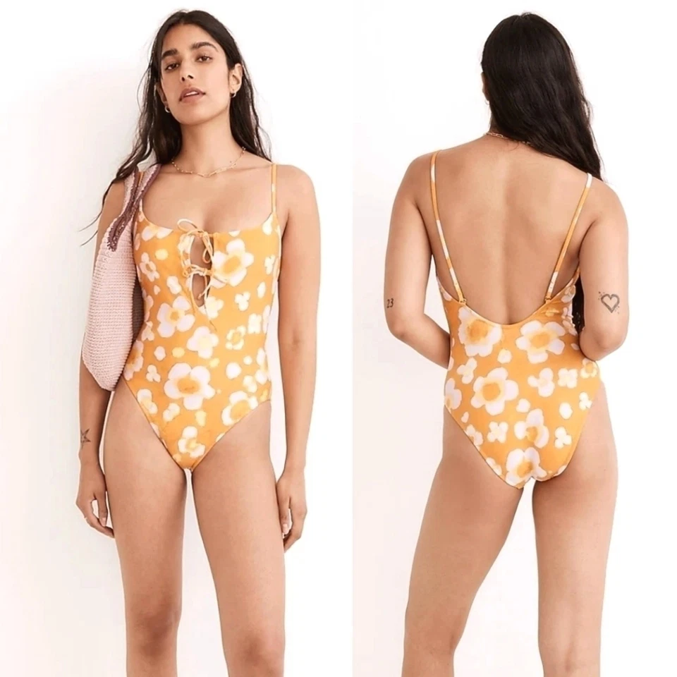 Traje de baño Madewell segunda onda con corbata frontal de una pieza en acuarela floral para mujer S Foto 1 de 4
