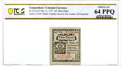 Connecticut Colonial Note Fr#CT-214 October 11, 1777 2d PCGS CU-64 PPQ - Image 1 of 2