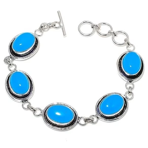 Blue Chalcedony Gemstone Handmade 925 Sterling silver Jewelry Bracelet Size 7-8" - Picture 1 of 1