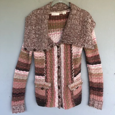 Anthropologie Sleeping On Snow Cardigan L Striped Wool Blend Sweater Cowl Neck  - Image 1 of 4