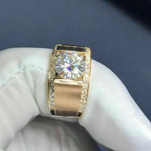 3Ct Round Cut Moissanite Men's Engagement Ring in 14k Yellow Gold Plated Silver - Picture 1 of 4