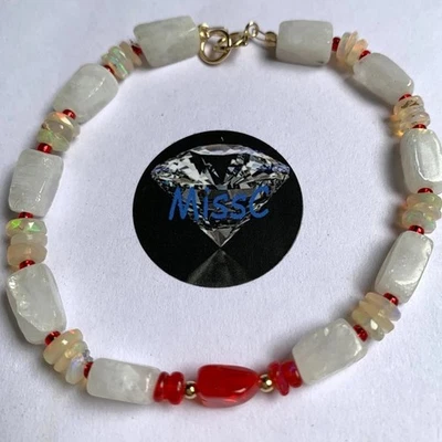 9ct Gold Red Fire opal and Rainbow Moonstone Bracelet, handmade in UK. LAST ONE - Image 1 of 4