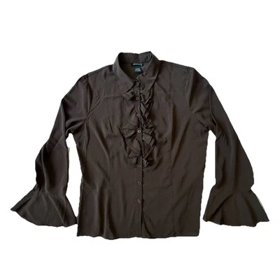 Blusa Spense L Marrón Volantes Volantes Mangas Campana Botón Elastizado Cuello Empresarial Foto 1 de 4
