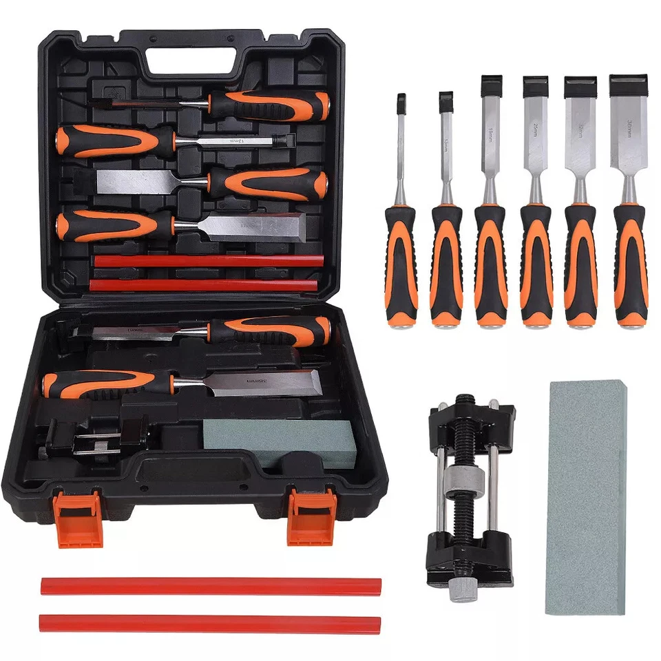 10Pcs Wood Chisel Set Woodworking Hand Tool Sharpening Stone w/ Storage Box UK - Image 1 of 4