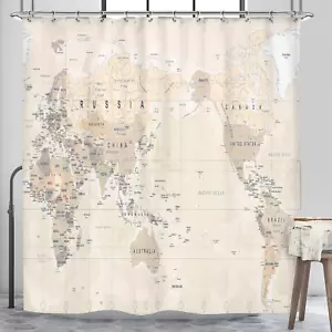 World Map Shower Curtain Beige Educational Vintage Geography Retro Countries Cap - Picture 1 of 6