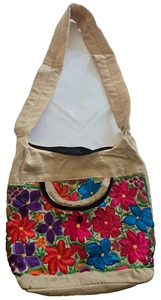 Guatemalan Shoulder Bag -Embroidered Flowers - Tan with Zipper and Pocket - Picture 1 of 7