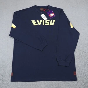 VTG Evisu Shirt Mens XL Navy Daicock Print Cut Sew Logo Long Sleeve Pullover INK - Picture 1 of 17