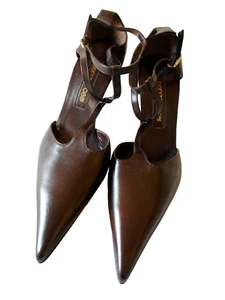 Neu ohne Karton $ 1,1K Sergio Rossi braune Lederschuhe Pumps Knöchelriemen Italien IT 37 US 7M - Bild 1 von 6