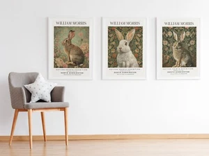 Set of 3 William Morris Rabbits Wall Art Cotton Prints Exhibition Posters - Picture 1 of 9