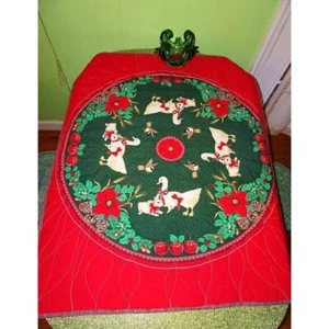 Vintage Quilted Christmas Tablecloth Centerpiece ducks birds bunny poinsettia - Picture 1 of 6