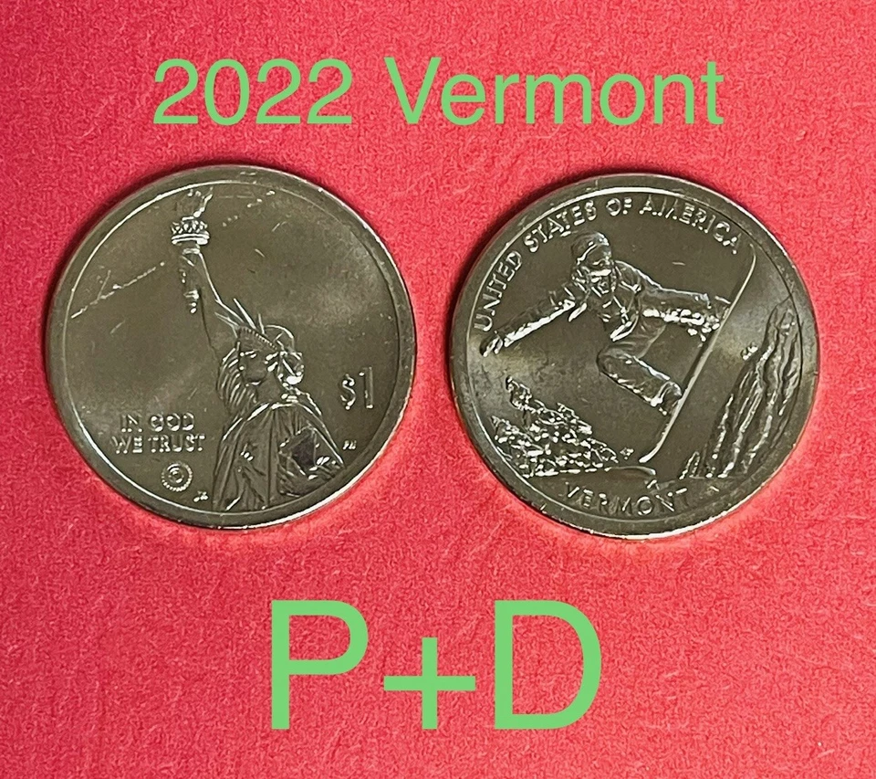 2022 Set Of 2 Coins P+D $1 Coin American Invocation Vermont Uncirculated. #C359 - Image 1 of 1