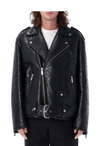 Giacca da motociclista Off White Craq in pelle nera stropicciata con ferramenta argento $3900 taglia 54