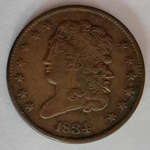 Antique 1834 US Classic Head Half Cent 1/2c Coin Scratched Nice VF-XF Devices ½¢ Cover