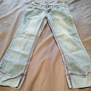 R4R Rave Distressed Jeans Women's Size 1 Blue Inseam Color Stitching Denim - Picture 1 of 7