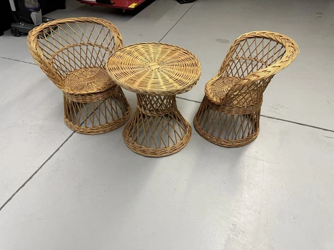 Mid-century 3 piece kids children's wicker armchairs and table set Cover