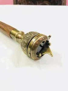 Antique Brass Compass Sundial On Top Vintage 3 fold Wooden Walking Stick Cane - Picture 1 of 3