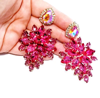 Pendientes CLIP ON Estrás Cristal Grande Rosa Caliente Gota Araña 3.6 pulgadas Foto 1 de 4
