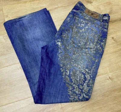 90s Just Cavalli Jeans Italy Metallic Foil Floral Print Blue Denim Bootcut 40 IT - Image 1 of 4
