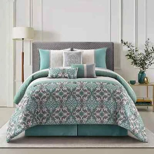 Nanshing Reina 7-pc. Damask Comforter Set - Queen - Aqua - Picture 1 of 6