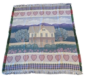 Vtg 90s  Cotton Farmhouse Tapestry Throw Blanket 135x65cm Cottagecore Hearts  - Bild 1 von 5