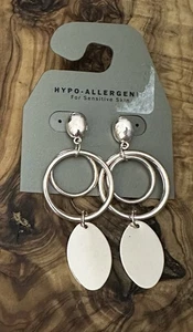 Hypo Allergenic Rose Gold Tone Post Back Dangle Earrings Round Oval New On Card - Picture 1 of 4