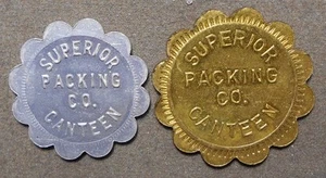 2 Chicago IL: Superior Packing Co. Canteen   Good For 25c-50c In Trade. Brass & - Picture 1 of 2