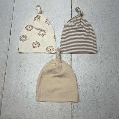 Paquete de 3 gorro con nudo de corbata estampado beige azul marino antiguo niños talla 0-3 meses NUEVO Foto 1 de 4